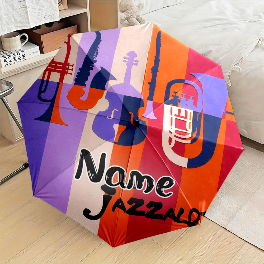 Musical Instrument And Name - 名前入りの傘、「音楽好きのためのカラフルなジャズ楽器デザイン傘」晴雨兼用折りたたみ傘、ギフト