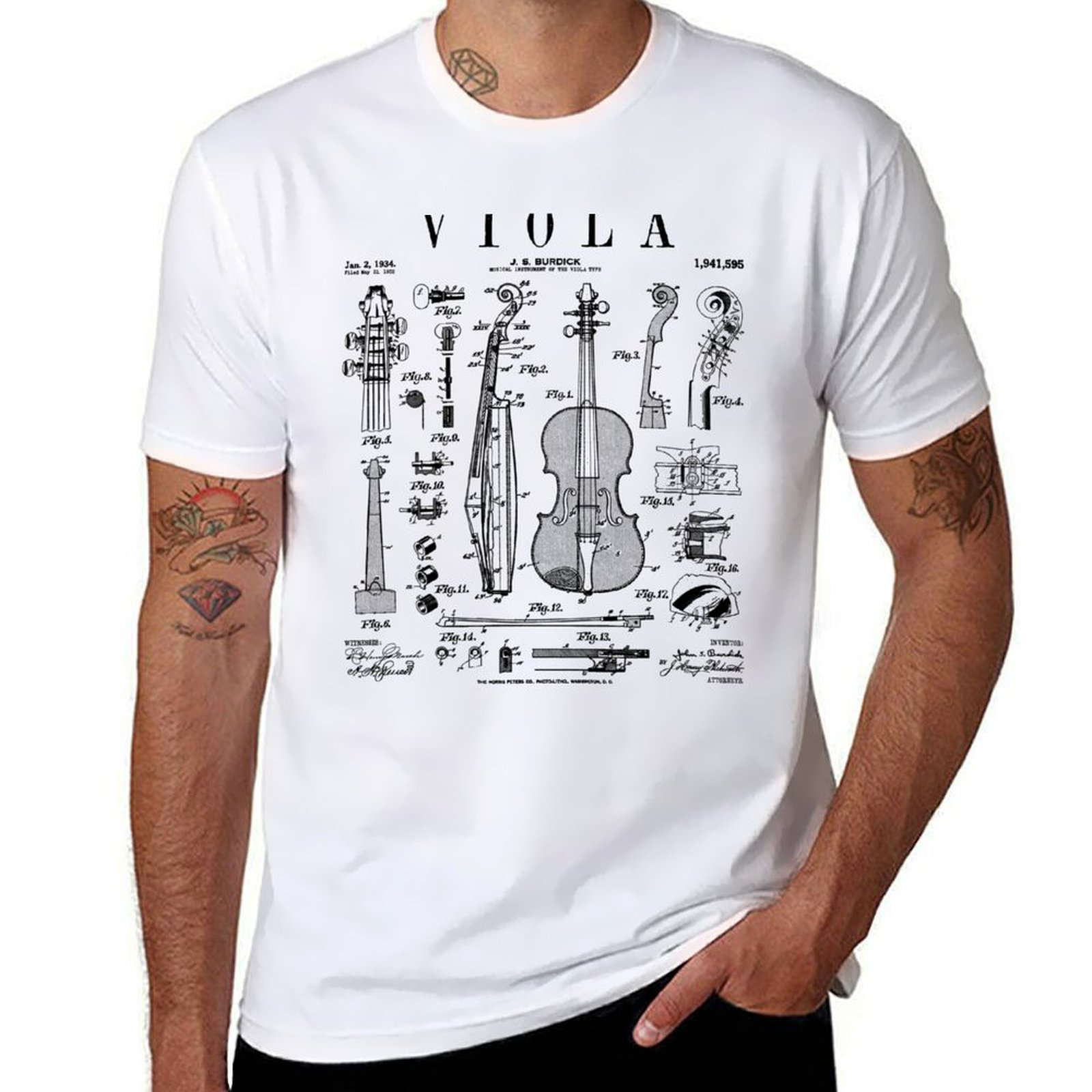 ヴィオラ奏者ミュージシャン楽器ヴィンテージ特許Tシャツ男性T - Musical Instrument Viola のレビューと価格