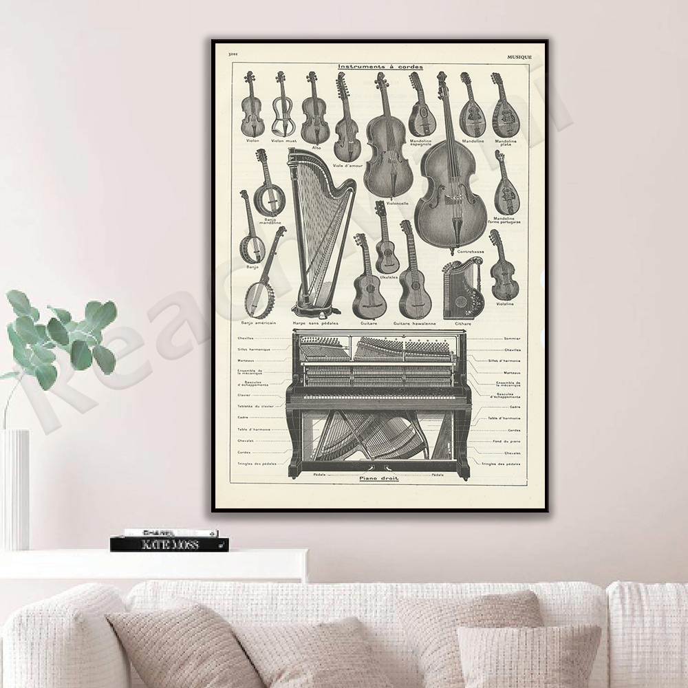 1938年に印刷されたアンティークの楽器の模様。 ピアノの弦 - Musical Instrument Viola のレビューと価格
